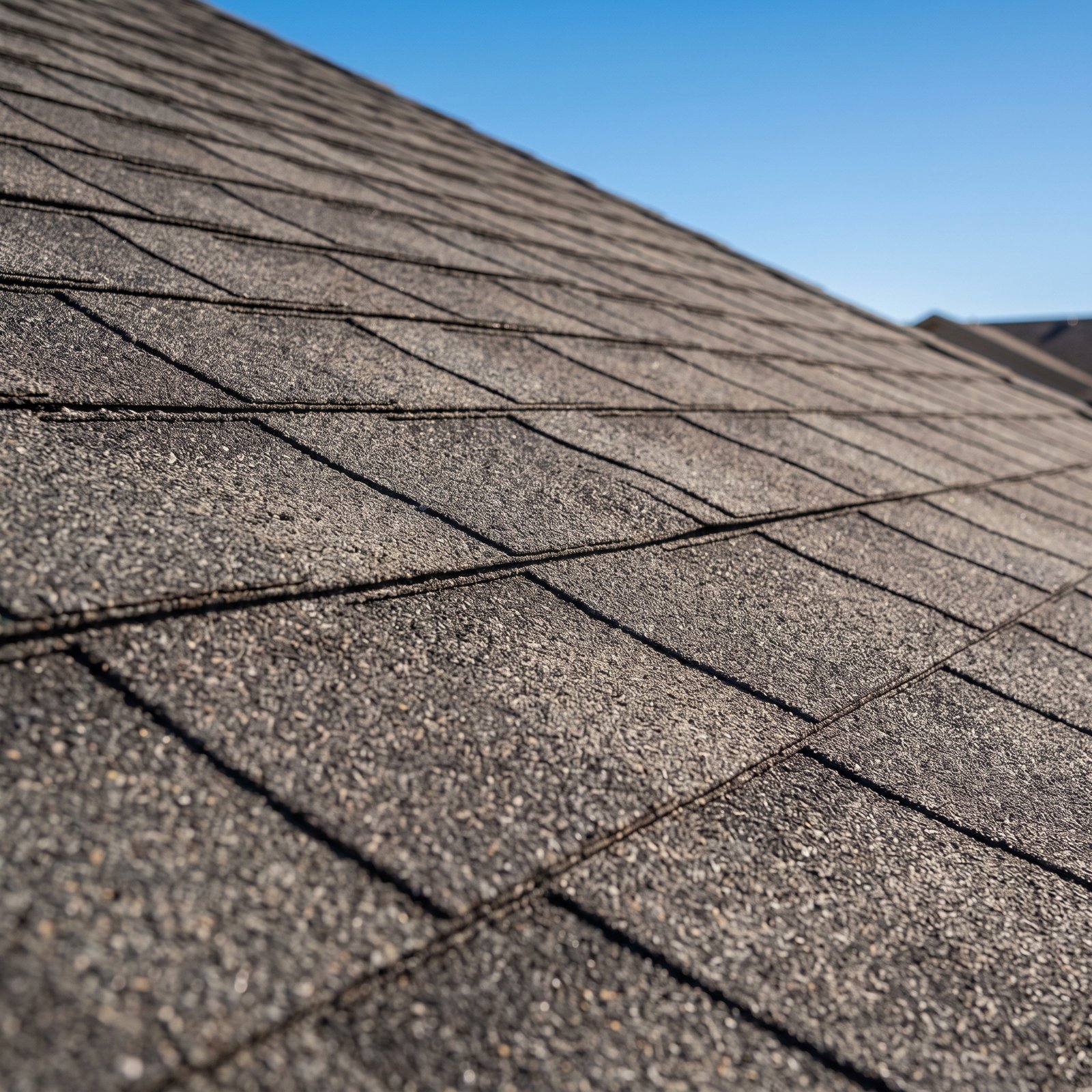 Close-up detail of clean architectural asphalt shingles and moisture protection layers on a residential roof.