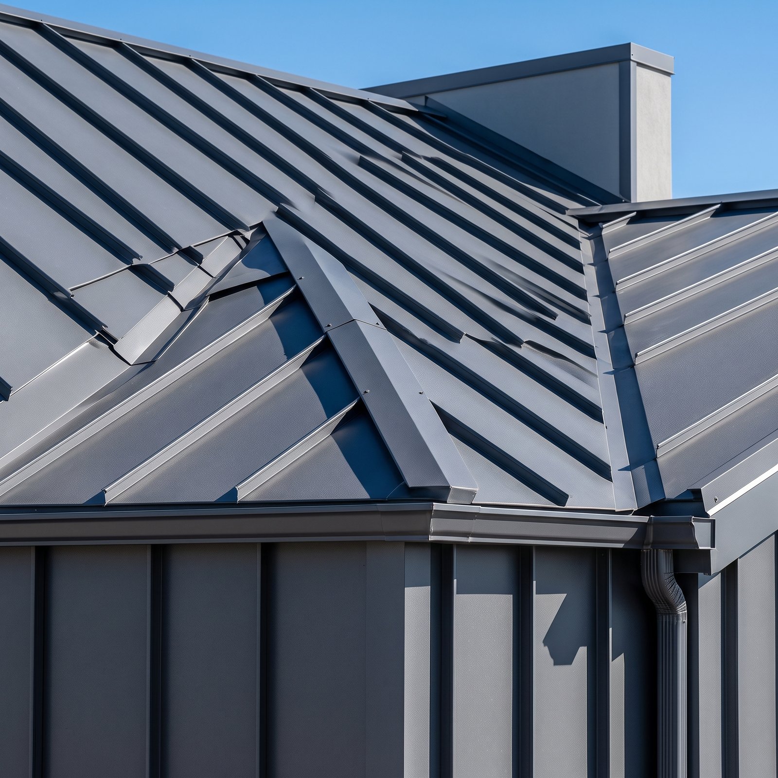 Sleek standing-seam metal roofing installed on a modern commercial property under a blue sky.