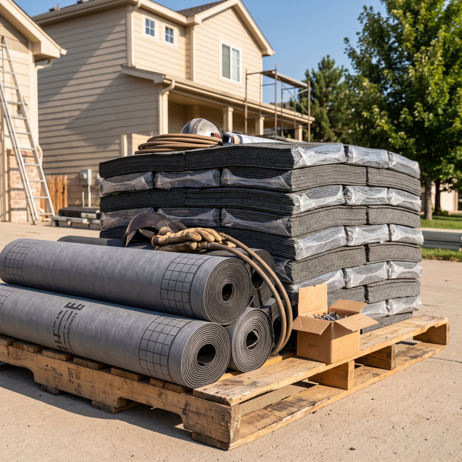 Stacks of high-grade roofing underlayment and shingle bundles prepared on a residential job site.