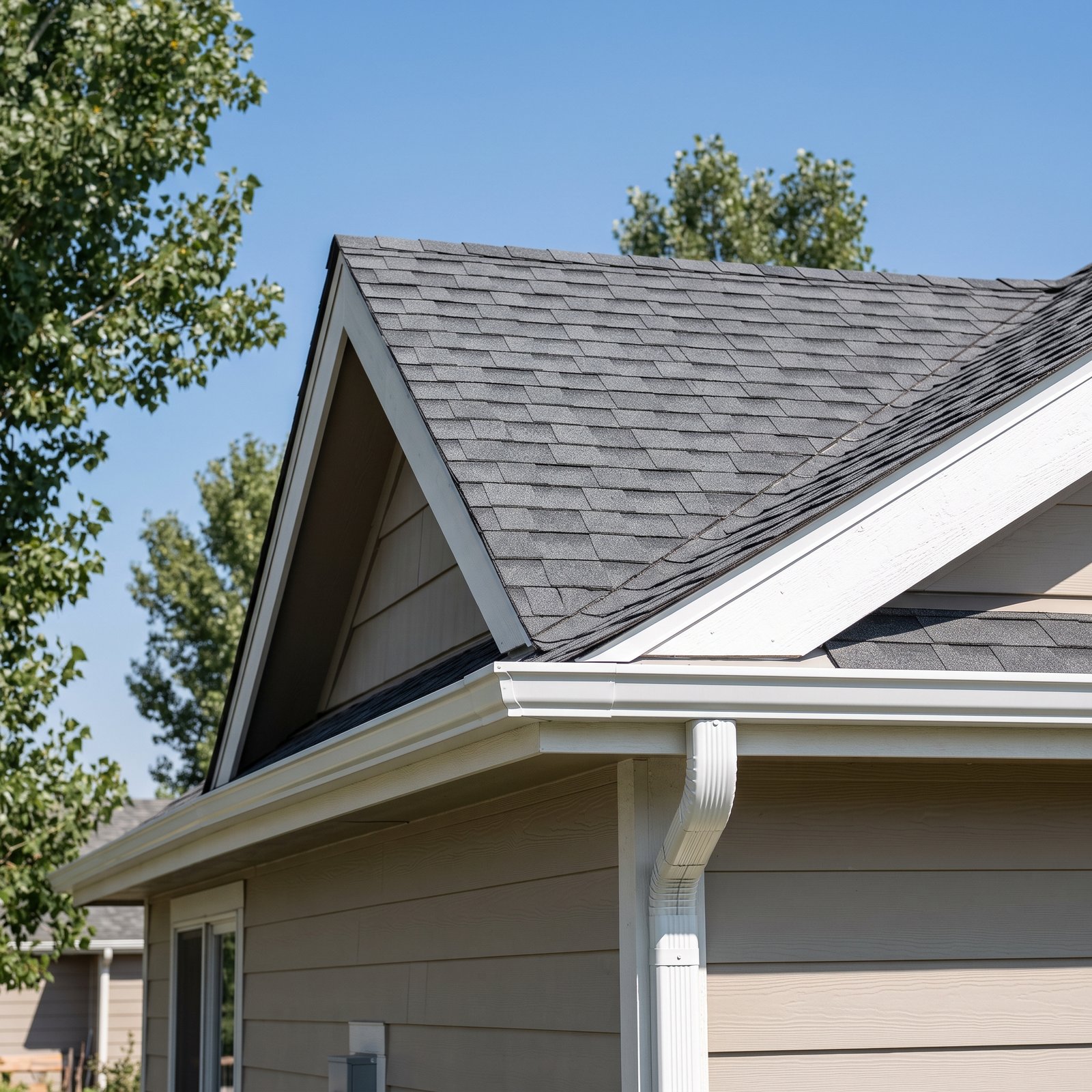 Crisp residential roof edge line and clean gutter installation on a newly completed home project.